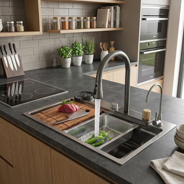 FREGADERO TREN YTHS7546C CON ESCURRIDOR SATINADO SET COMPLETO (75*46*230) SS